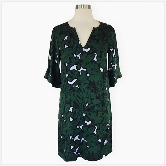 Ella Moss Dark Green Printed Shift Casual Dress Ruffled Sleeves Mini Pattern XS - Picture 1 of 4